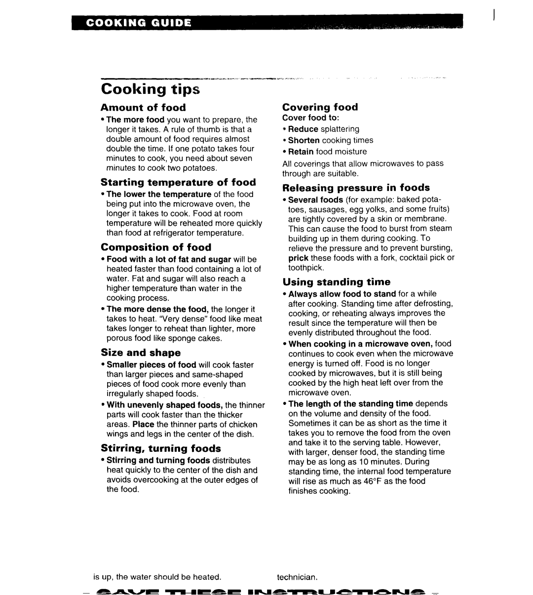 Whirlpool MT6125XBB/Q installation instructions Cooking tip 