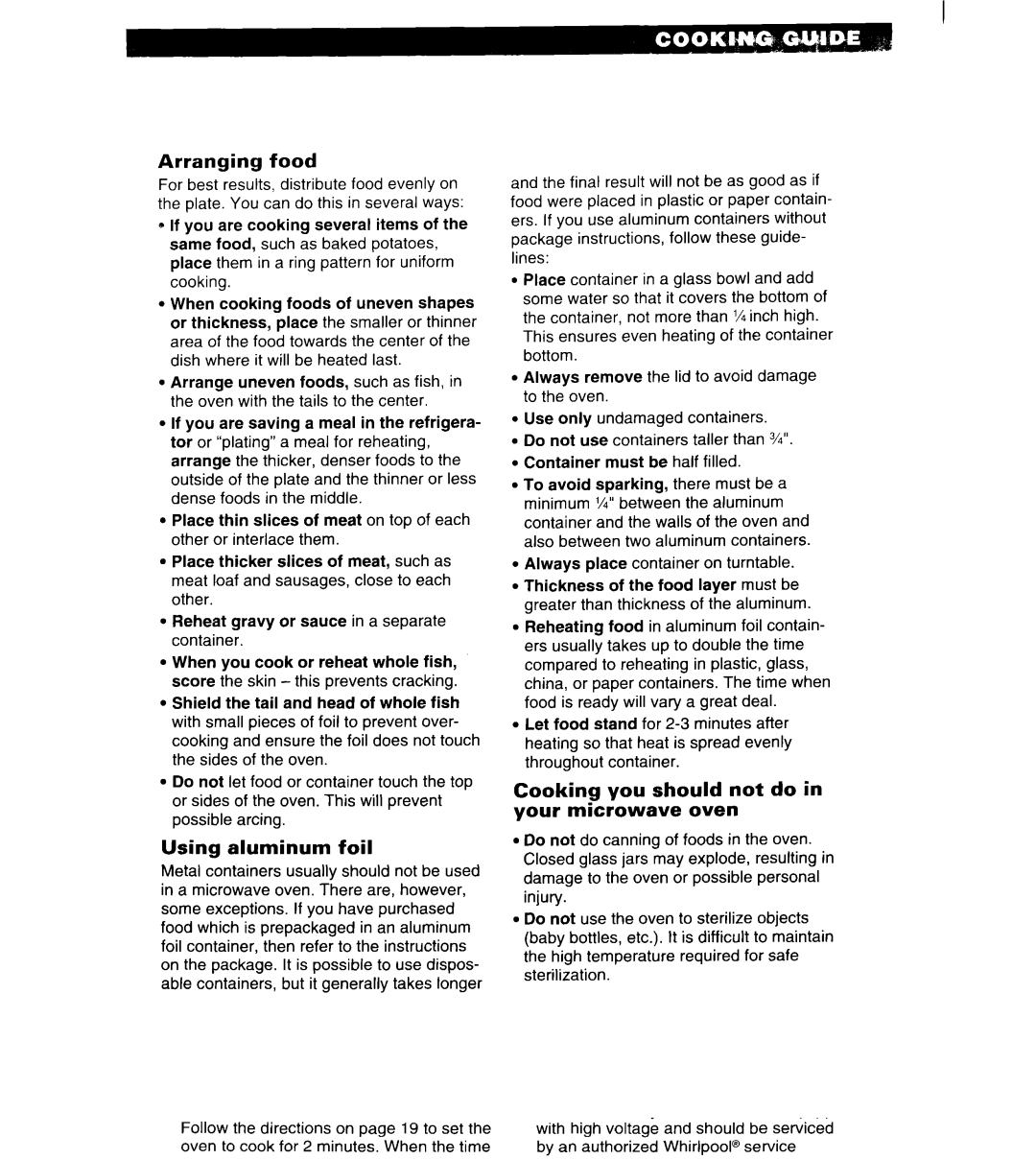 Whirlpool MT6125XBB/Q Arranging food, Using aluminum foil, Cooking you should not do Your microwave oven 