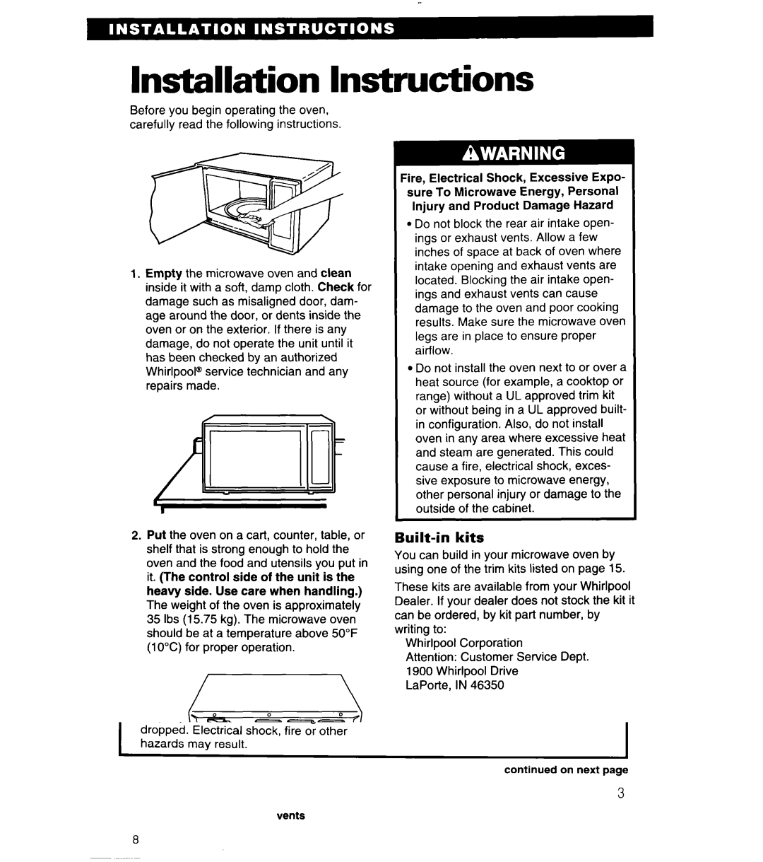 Whirlpool MT6125XBB/Q installation instructions Installation Instructions, Built-in kits 