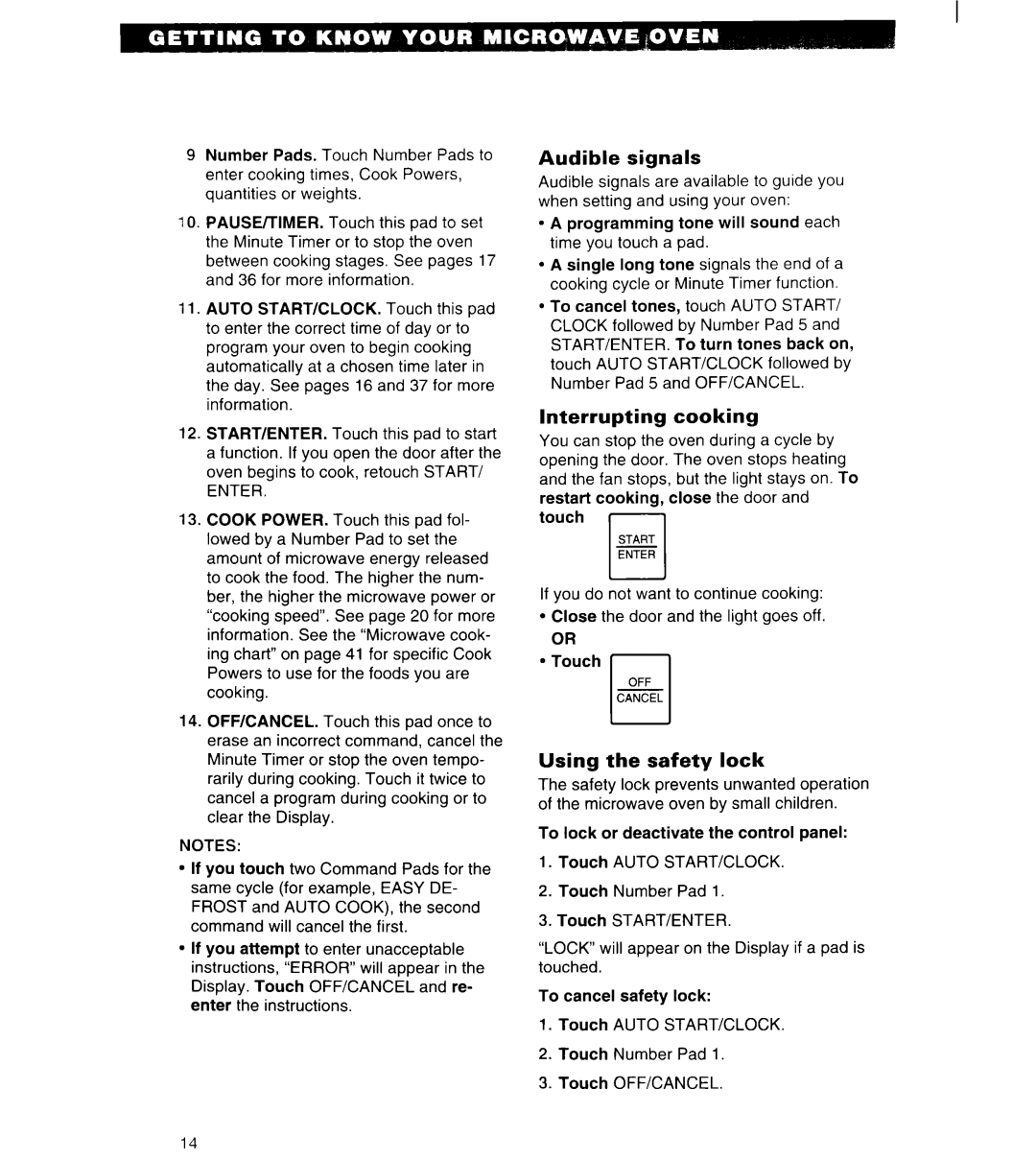 Whirlpool MT6125XBB/Q installation instructions Audible signals, Interrupting cooking, Using the safety lock 