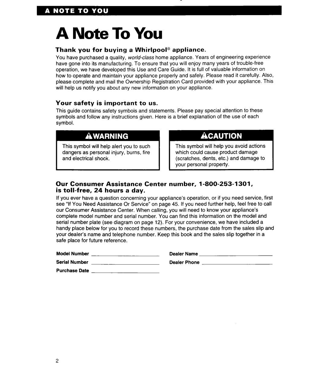 Whirlpool MT6125XBB/Q installation instructions A Note To You 