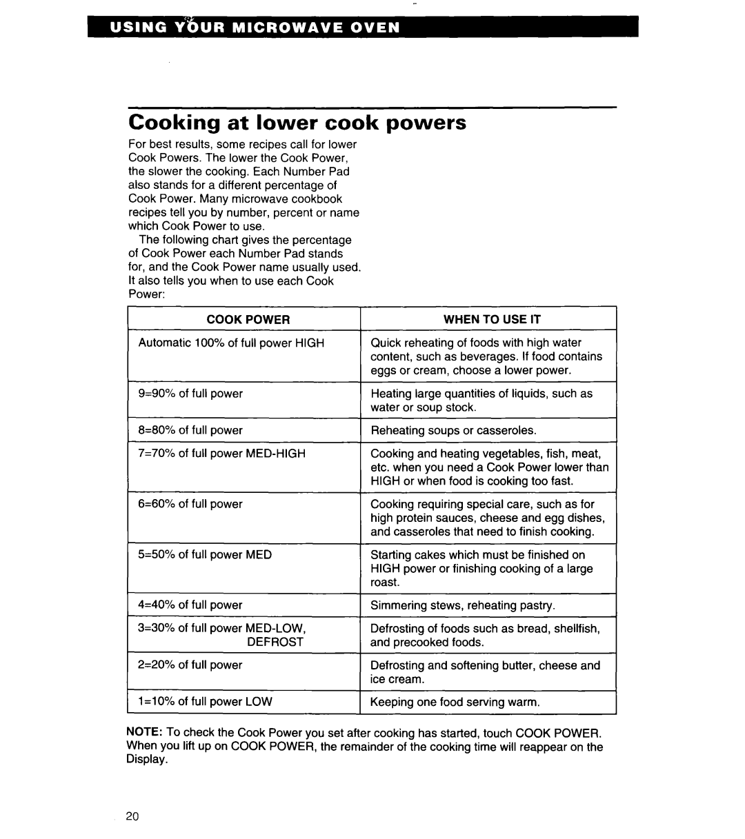 Whirlpool MT6125XBB/Q installation instructions Cooking at lower cook powers 