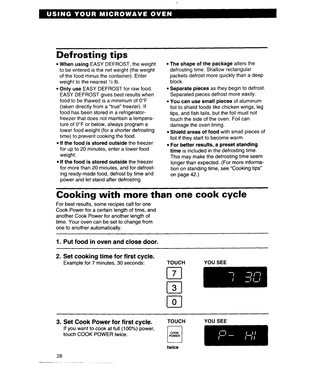 Whirlpool MT6125XBB/Q Defrosting tips, Cooking with more than one cook cycle, Set cooking time for first cycle 