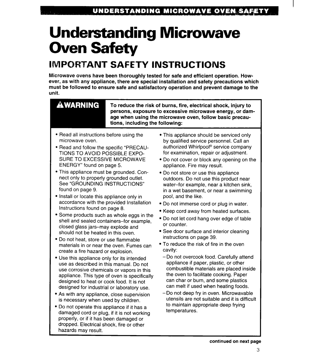 Whirlpool MT6125XBB/Q installation instructions Understanding Microwave Oven Safety, T Safety Instructions 