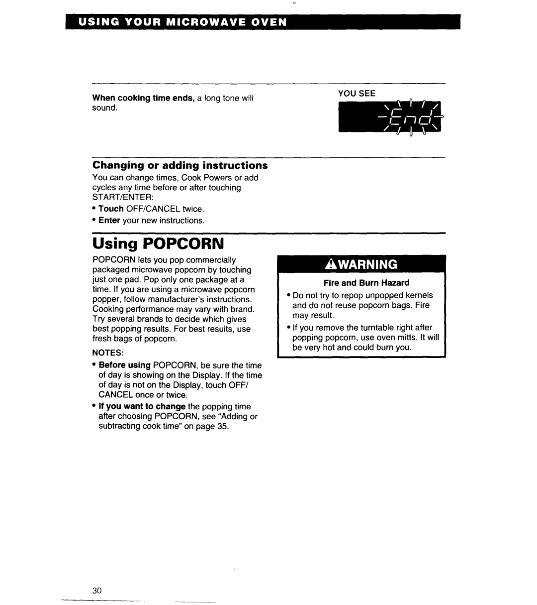 Whirlpool MT6125XBB/Q installation instructions Using POPCORN, Changing or adding instructions 
