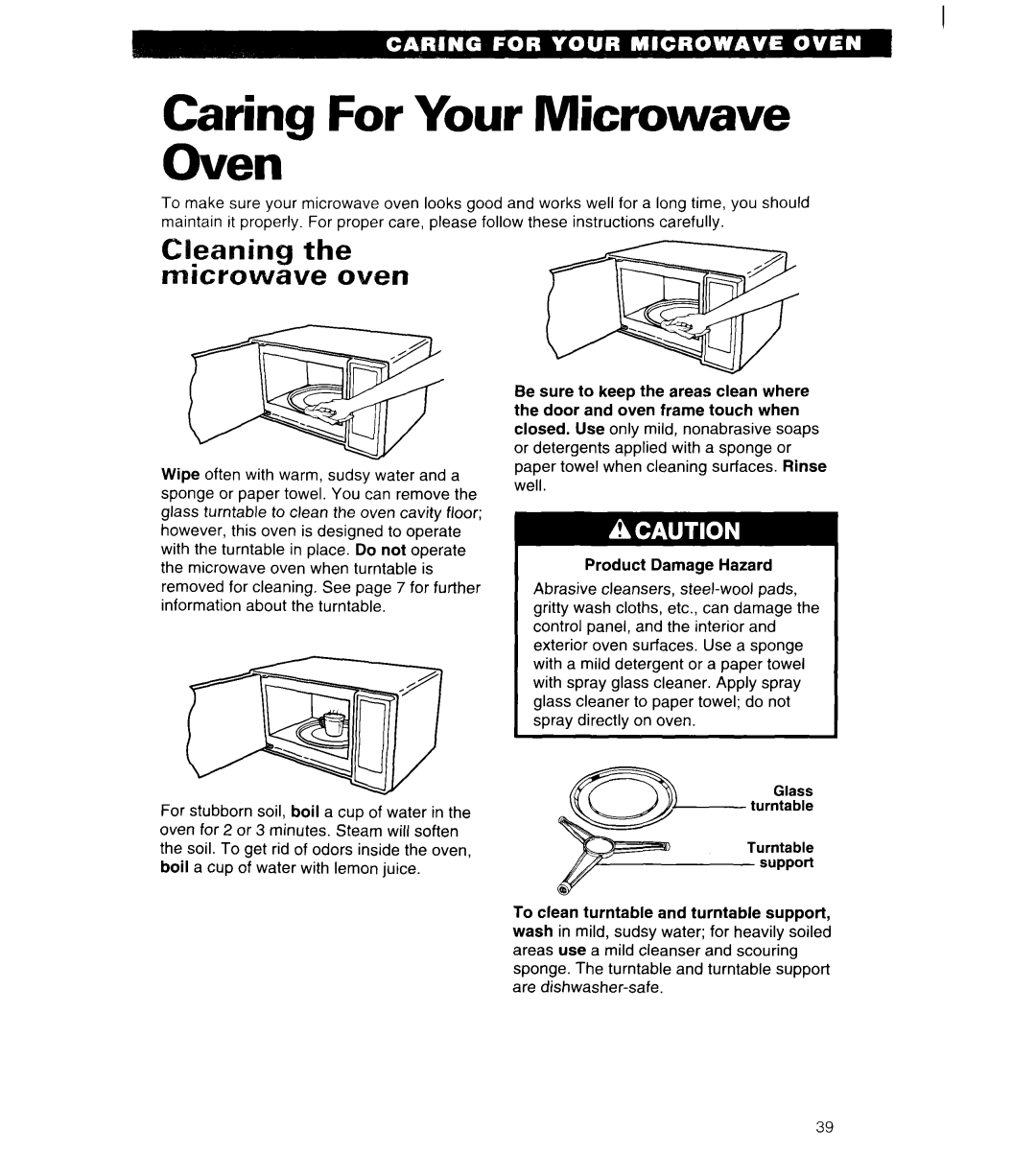 Whirlpool MT6125XBB/Q installation instructions Caring For Your Microwave Oven, Cleaning the micxowave oven 