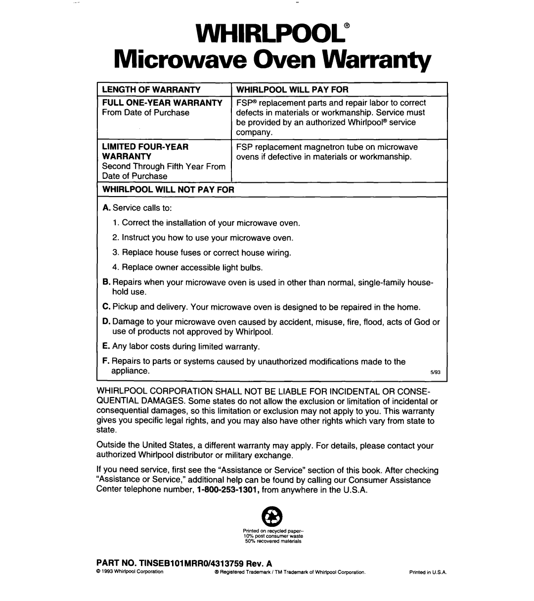 Whirlpool MT6125XBB/Q installation instructions Whirlpool”, Microwave Oven Warranty 