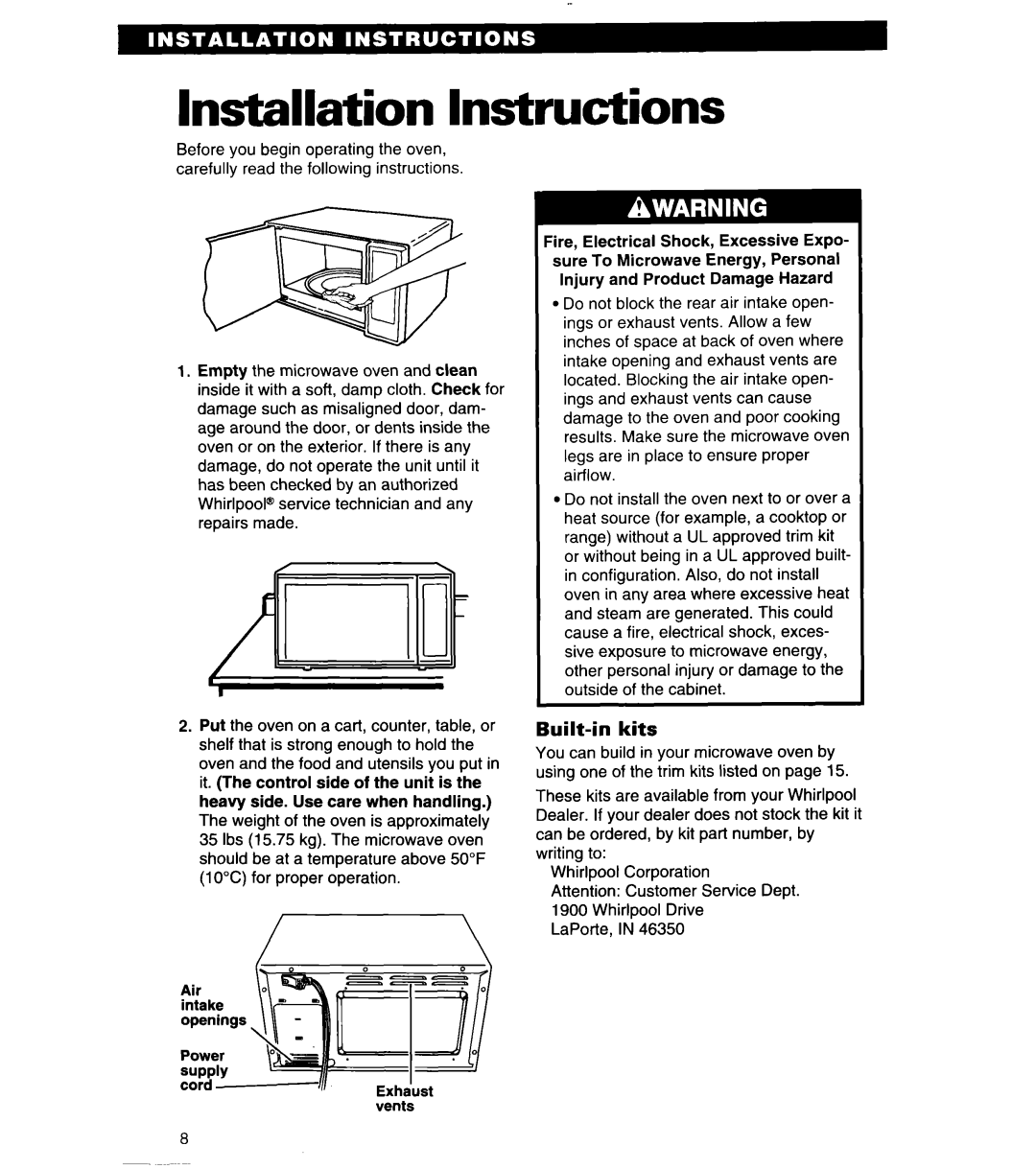 Whirlpool MT6125XBB/Q installation instructions Installation Instructions, Built-inkits 