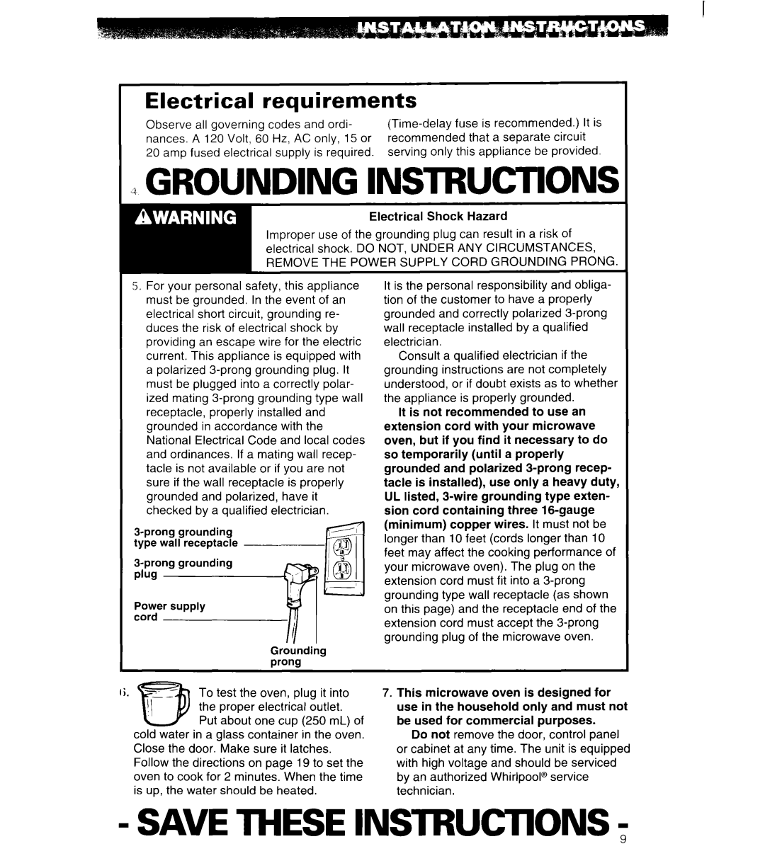 Whirlpool MT6125XBB/Q installation instructions aGROUNDING INSTRUCTIONS, SAVE THESE INSTRUCTlONS, Electrical requirements 