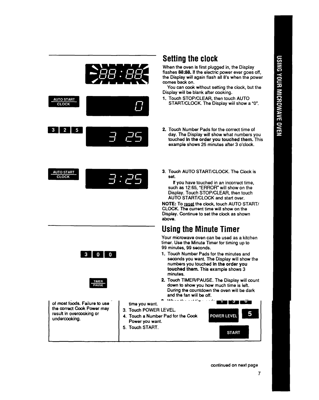 Whirlpool MT6900XW manual Settingthe clock, Usingthe Minute Timer, Above 