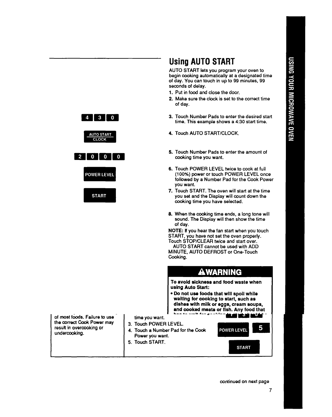 Whirlpool MT6900XW manual UsingAUTOSTART, To avold sickness and food waste when using Auto Start 