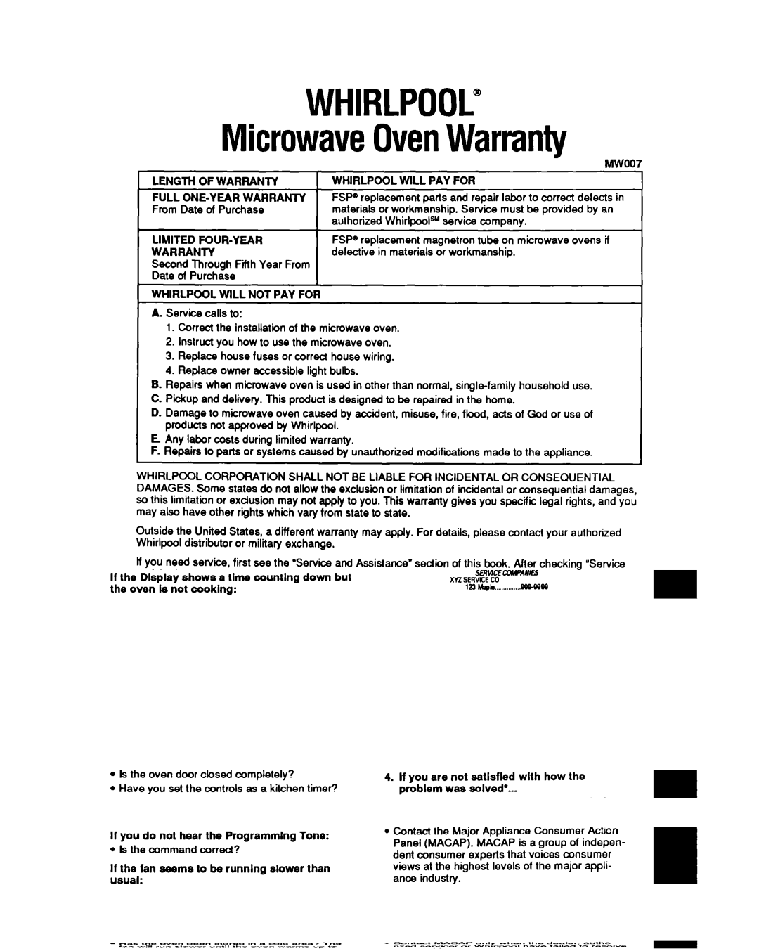 Whirlpool MT6900XW manual WHIRLPOOL@ MicrowaveOvenWarranty 