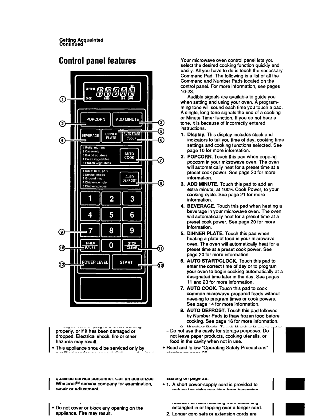 Whirlpool MT6900XW manual Controlpanel features, Gettlng Acqualnted 