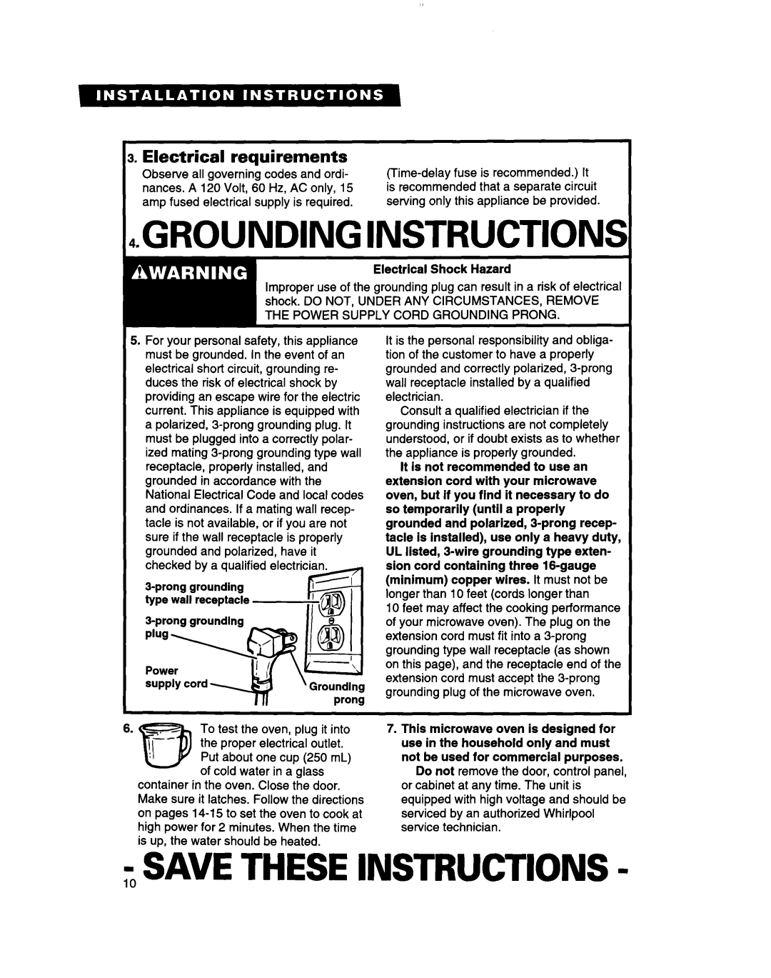 Whirlpool MT7073XD, MT7070XD installation instructions Electrical Shock Hazard, Cold water in a glass 