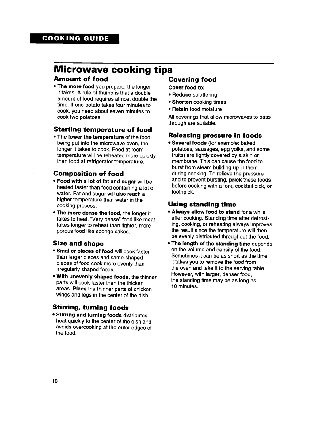 Whirlpool MT7073XD, MT7070XD installation instructions Microwave cooking tips 