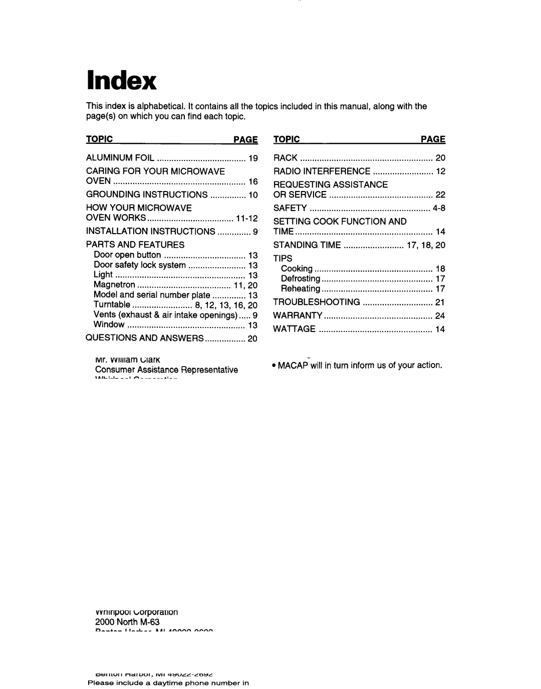 Whirlpool MT7070XD, MT7073XD installation instructions Index 