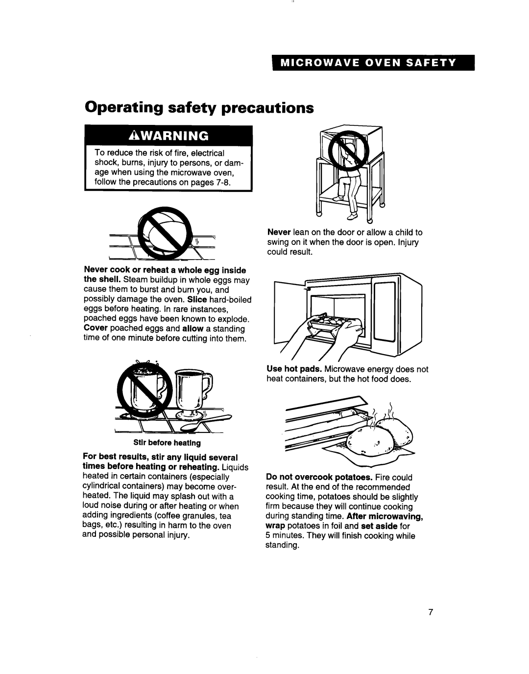 Whirlpool MT7070XD Operating safety precautions, Stlr before heatlng, Minutes. They will finish cooking while standing 