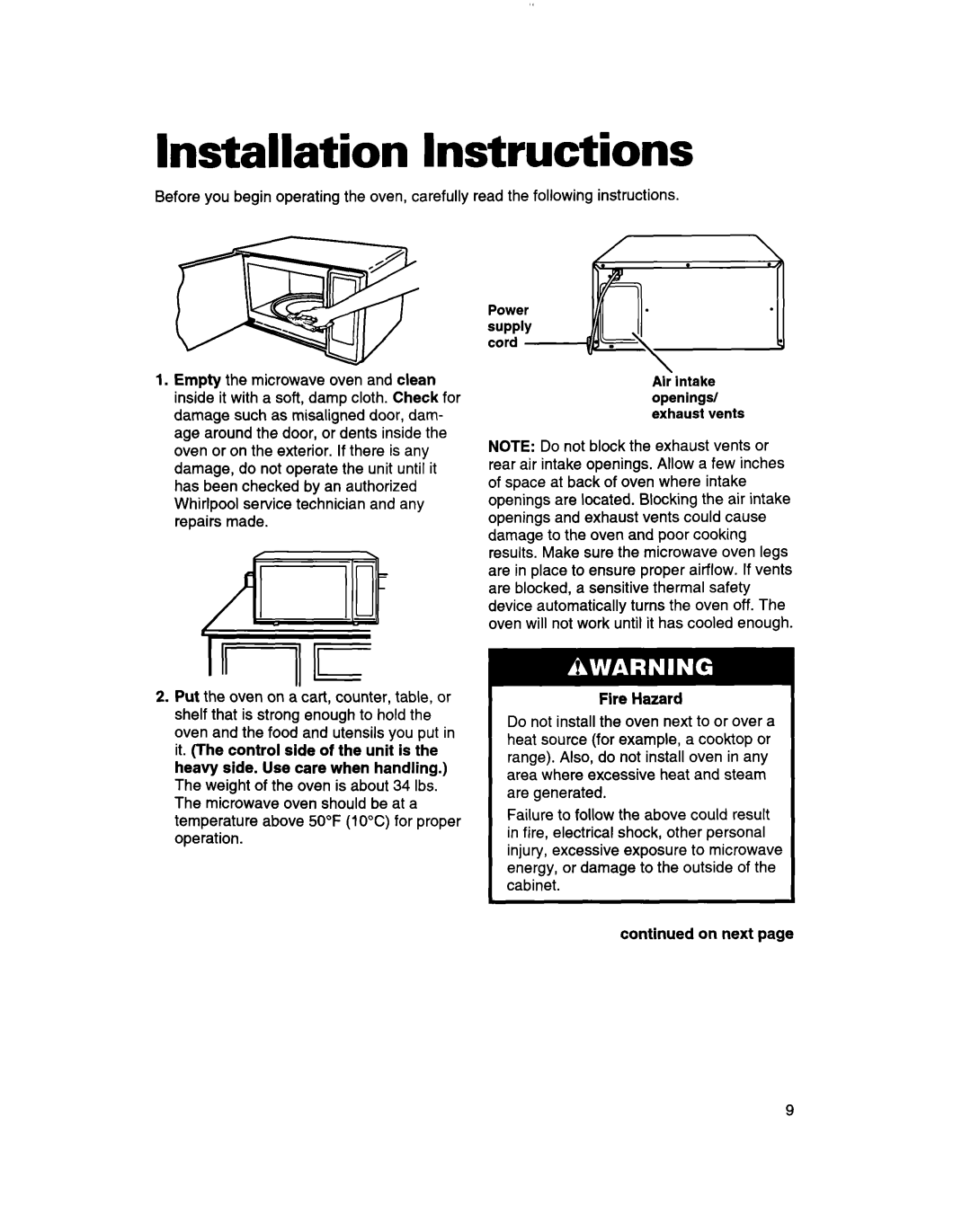 Whirlpool MT7070XD, MT7073XD installation instructions Installation Instructions 