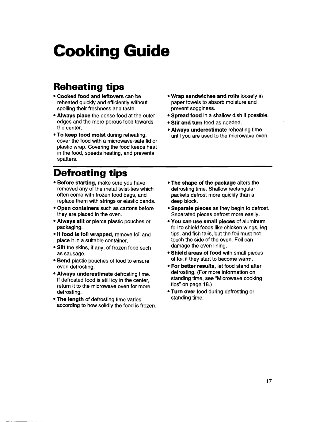 Whirlpool MT7070XD, MT7073XD installation instructions Cooking Guide, Reheating tips, Defrosting tips 