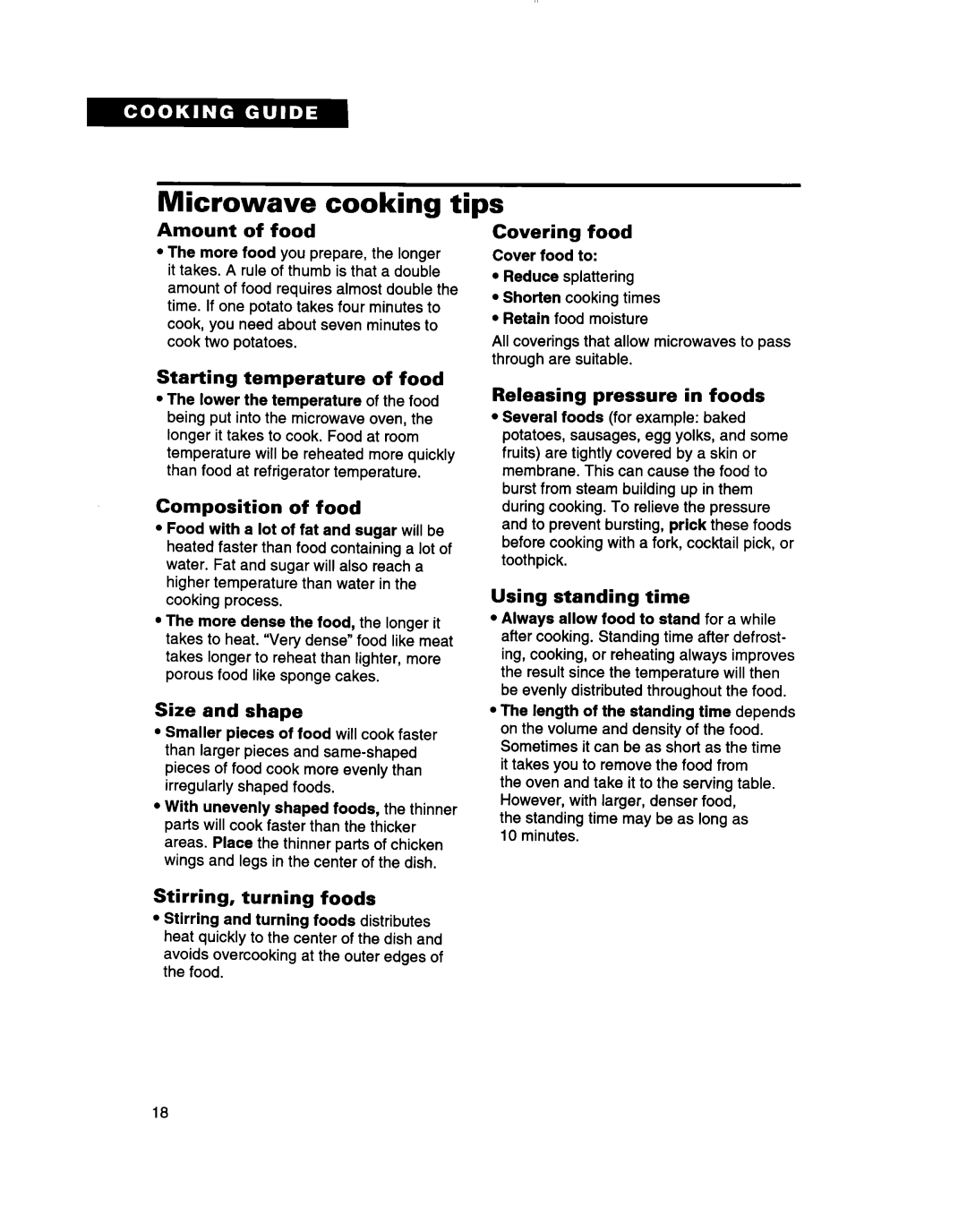 Whirlpool MT7073XD Microwave cooking tips, Amount of food, Covering food, Starting temperature of food, Size and shape 