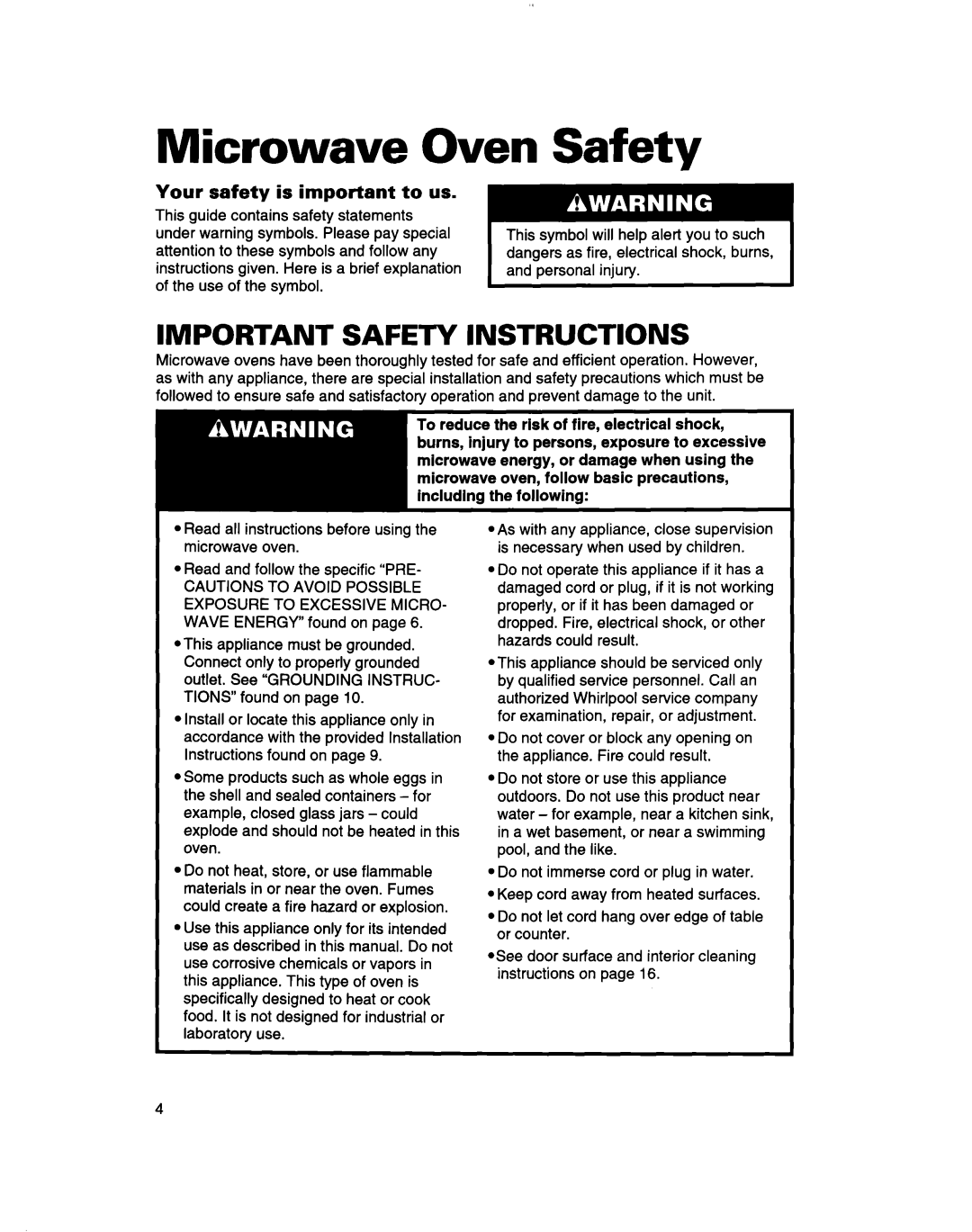 Whirlpool MT7073XD, MT7070XD Microwave Oven Safety, Important Safety Instructions, Your safety is important to us 