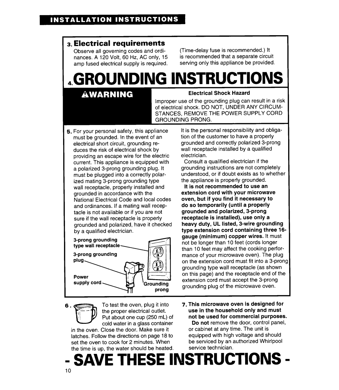 Whirlpool MT7118XD, MT7078XD, MT7116XD GROUNDlNG Instructions, STANCES, Remove the Power Supply Cord Grounding Prong 