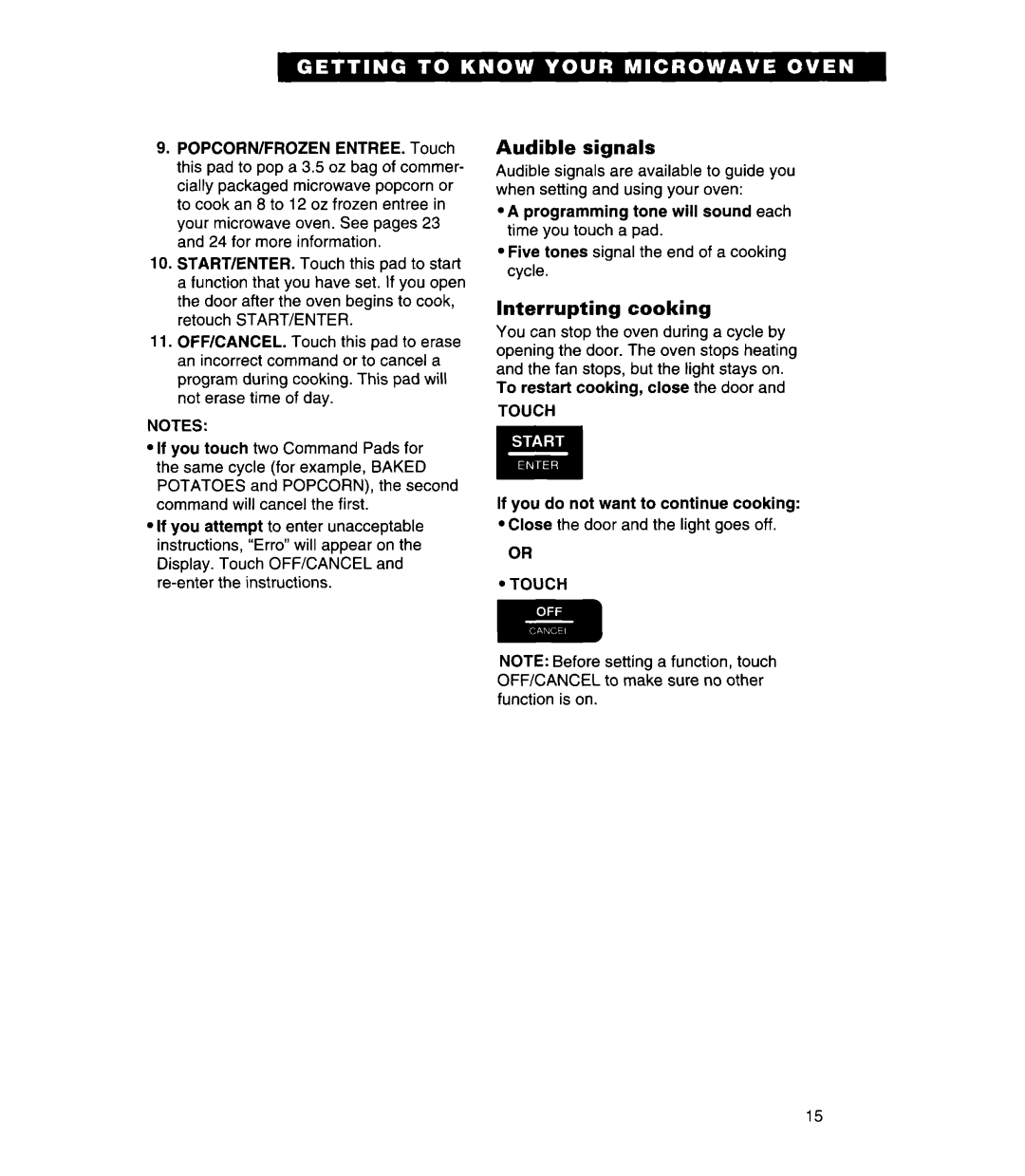 Whirlpool MT7078XD, MT7118XD, MT7116XD installation instructions Audible signals, Interrupting cooking, Touch 