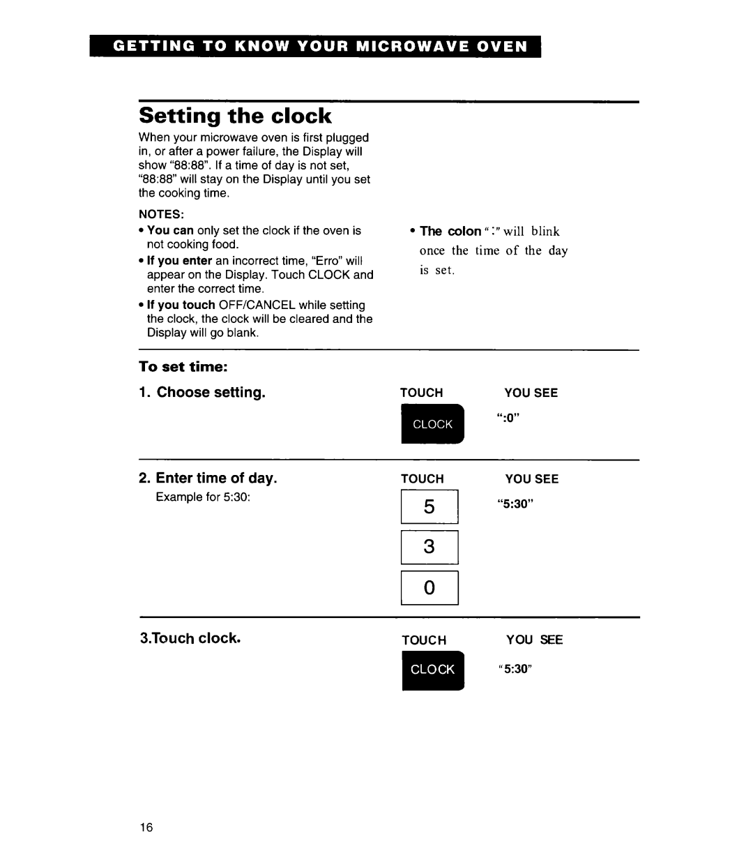 Whirlpool MT7118XD, MT7078XD, MT7116XD Setting the clock, To set time Choose setting.TOUCHYOU see gy Enter, Touch clock 