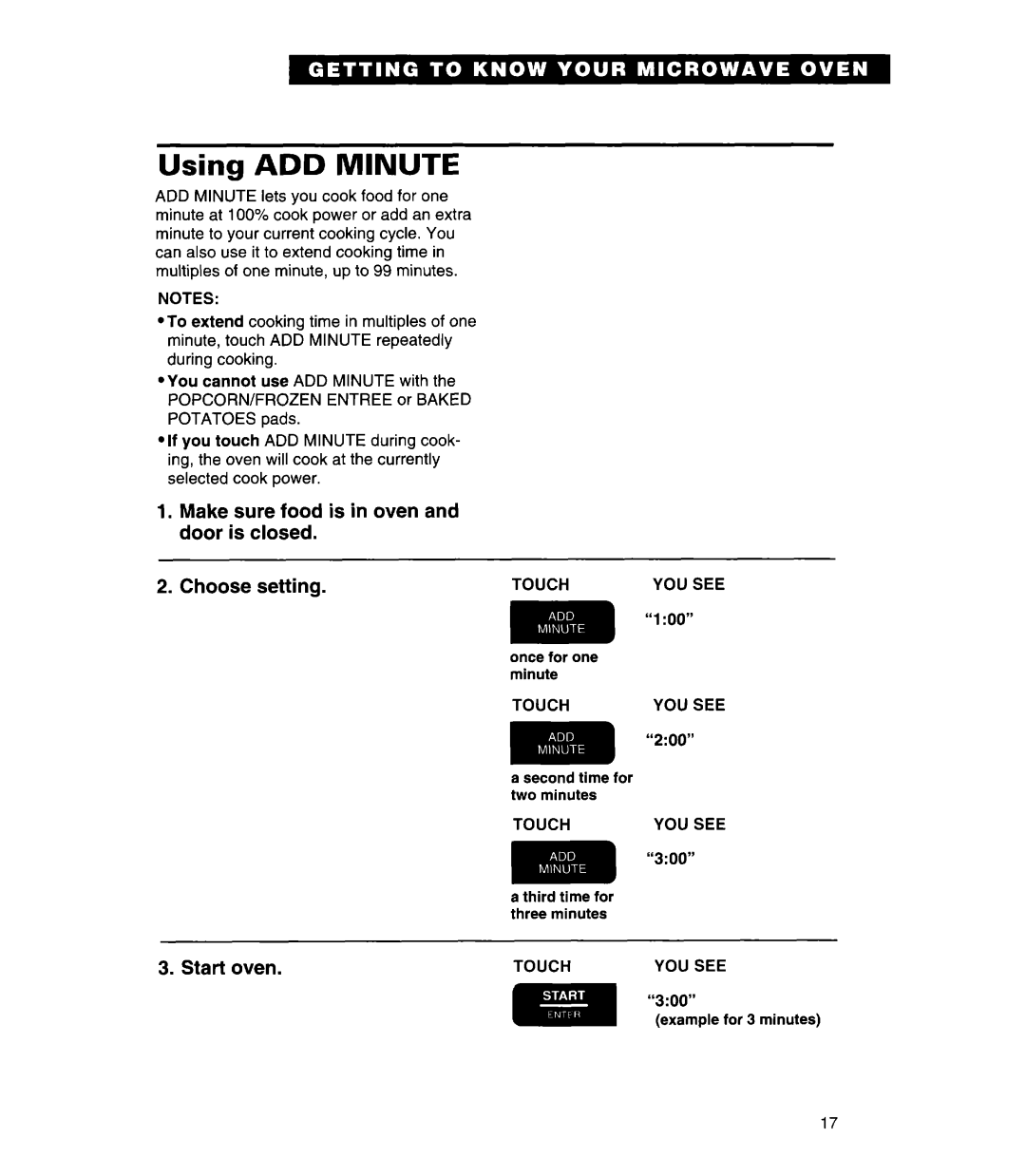 Whirlpool MT7116XD, MT7078XD Using ADD Minute, Make sure food is in oven and door is closed Choose setting, Start oven 