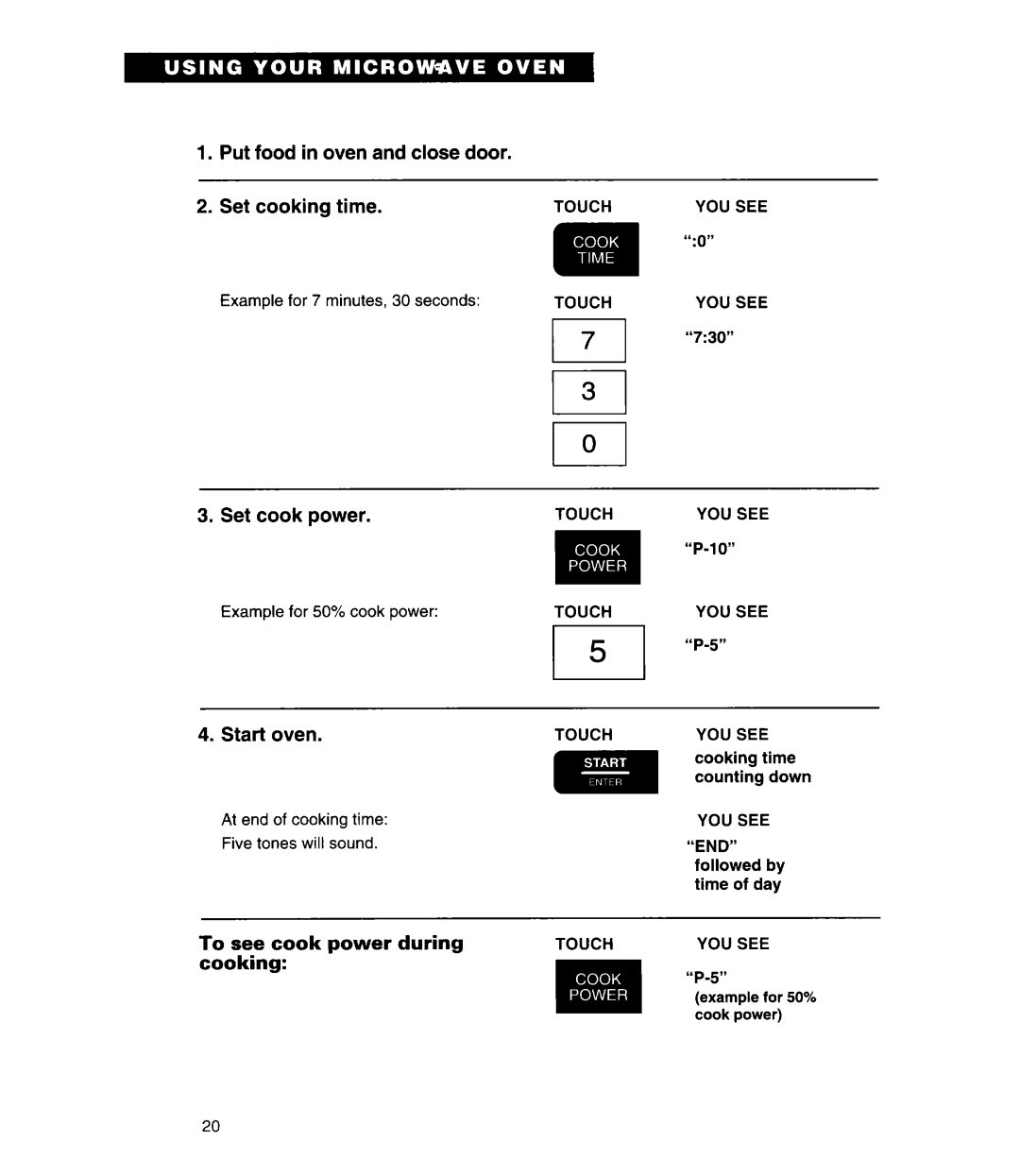 Whirlpool MT7116XD, MT7078XD, MT7118XD installation instructions Set cook power, To see cook power during, YOU see 