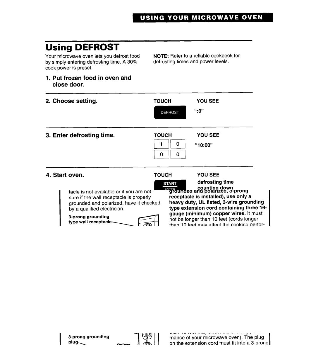 Whirlpool MT7118XD, MT7078XD Using Defrost, Put frozen food in oven and close door Choose setting, Enter Defrosting Time 