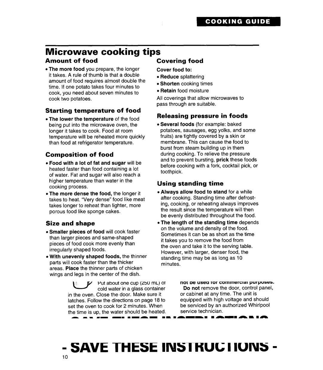 Whirlpool MT7116XD, MT7078XD, MT7118XD installation instructions Microwave cooking tips 