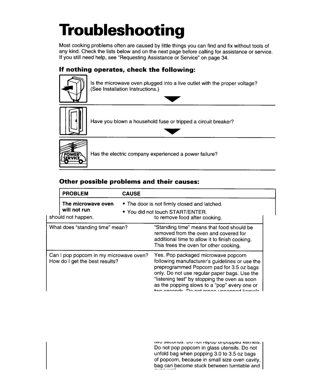 Whirlpool MT7116XD Troubleshooting, If nothing operates, check the following, Other possible problems and their causes 