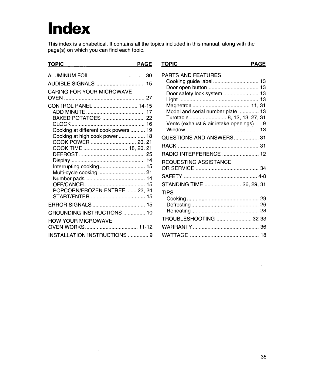 Whirlpool MT7116XD, MT7078XD, MT7118XD installation instructions Index 