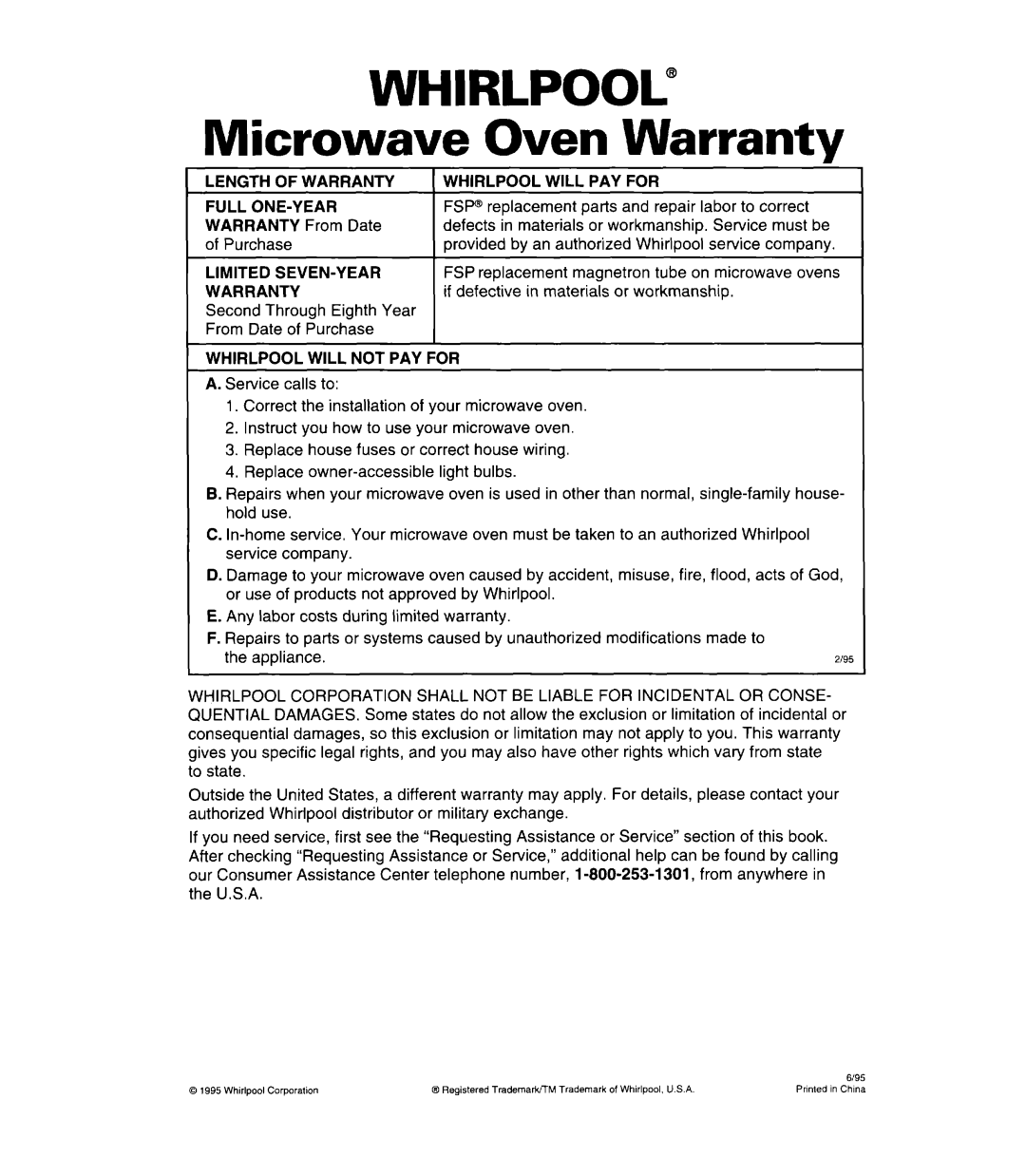 Whirlpool MT7078XD, MT7118XD Warranty Whirlpool will PAY for Full ONE-YEAR, Limited SEVEN-YEAR, Whirlpool will not PAY for 