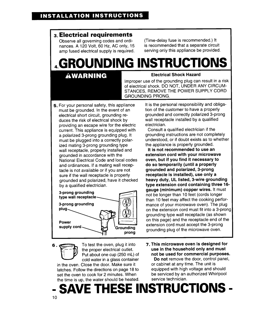 Whirlpool MT7118XD, MT7078XD, MT7116XD GROUNDlNG INSTRUCTIONS, Save These Instructions, Electrical requirements 