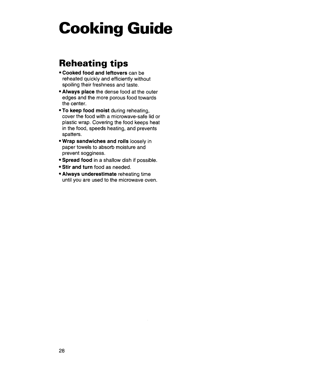 Whirlpool MT7118XD, MT7078XD, MT7116XD installation instructions Cooking Guide, Reheating tips 