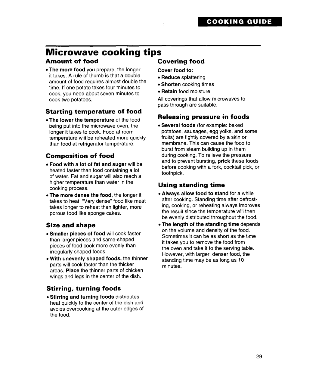 Whirlpool MT7116XD Microwave cooking - tips, Amount, Covering, Starting temperature of food, Composition of food 