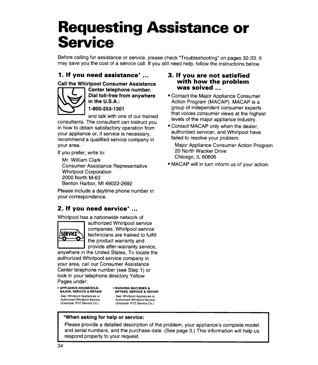 Whirlpool MT7118XD, MT7078XD, MT7116XD Requesting Assistance or Service, If you need assistance, If you need service 