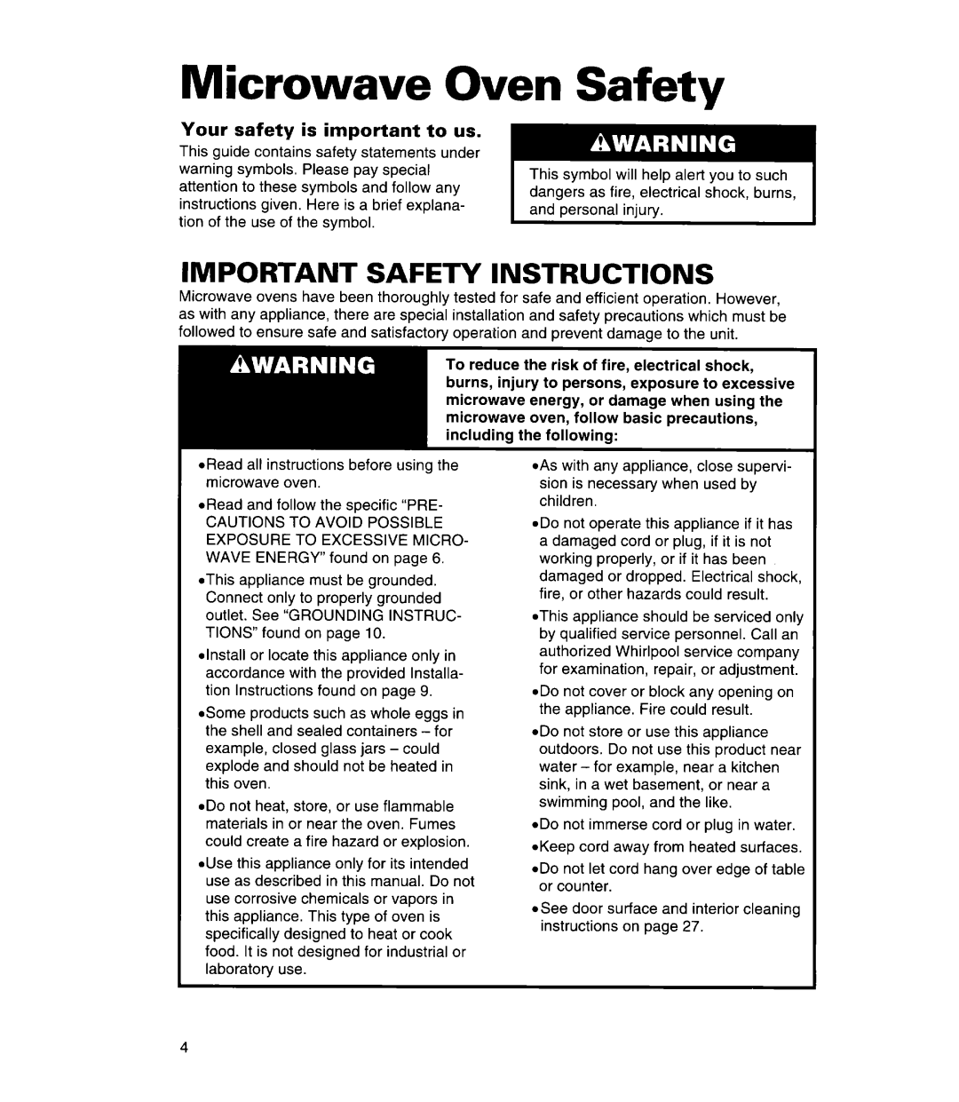 Whirlpool MT7118XD, MT7078XD, MT7116XD Microwave Oven Safety, Important Safety Instructions, Your safety is important to us 