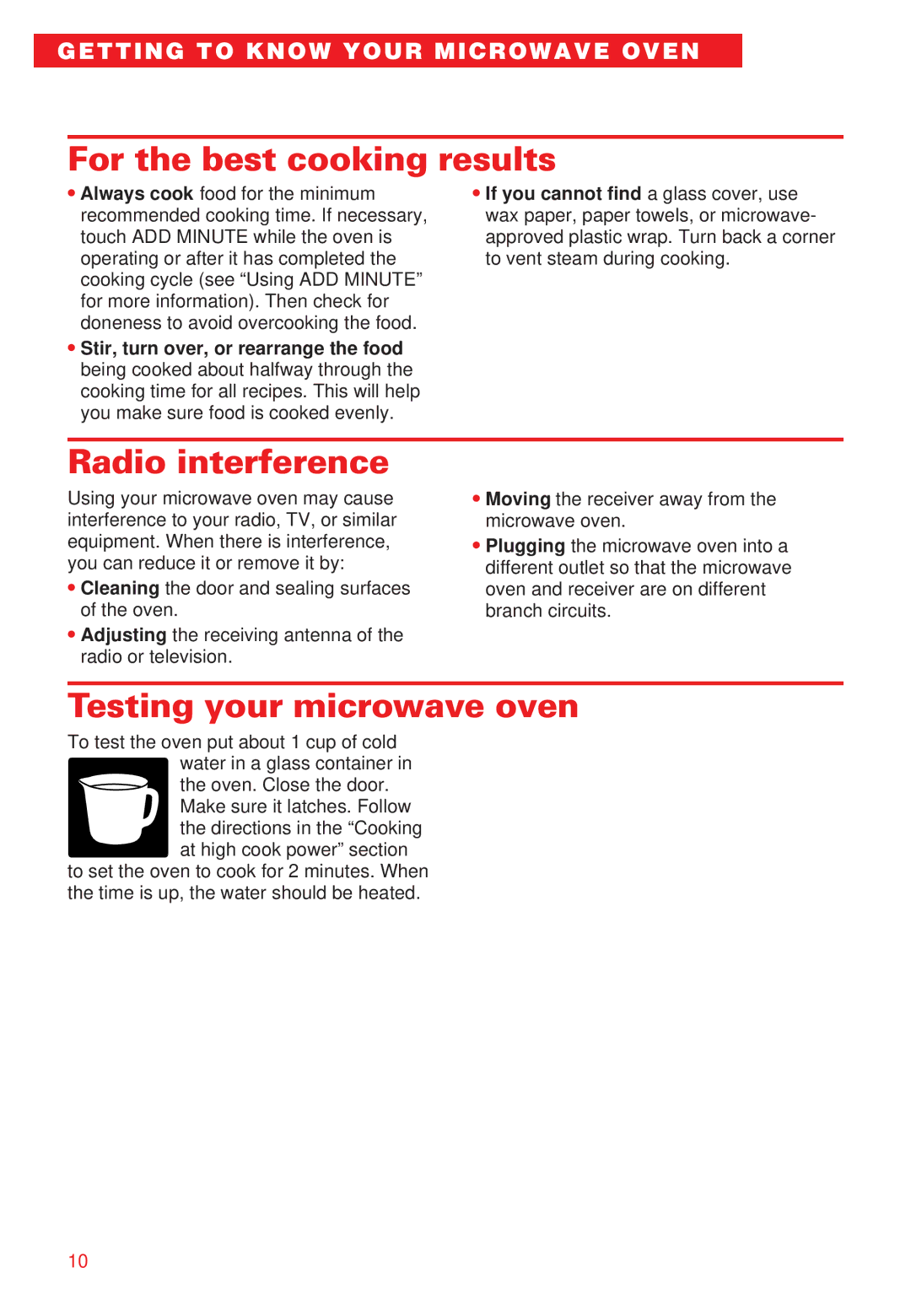 Whirlpool YMT8066SE, YMT8068SE For the best cooking results, Radio interference, Testing your microwave oven 