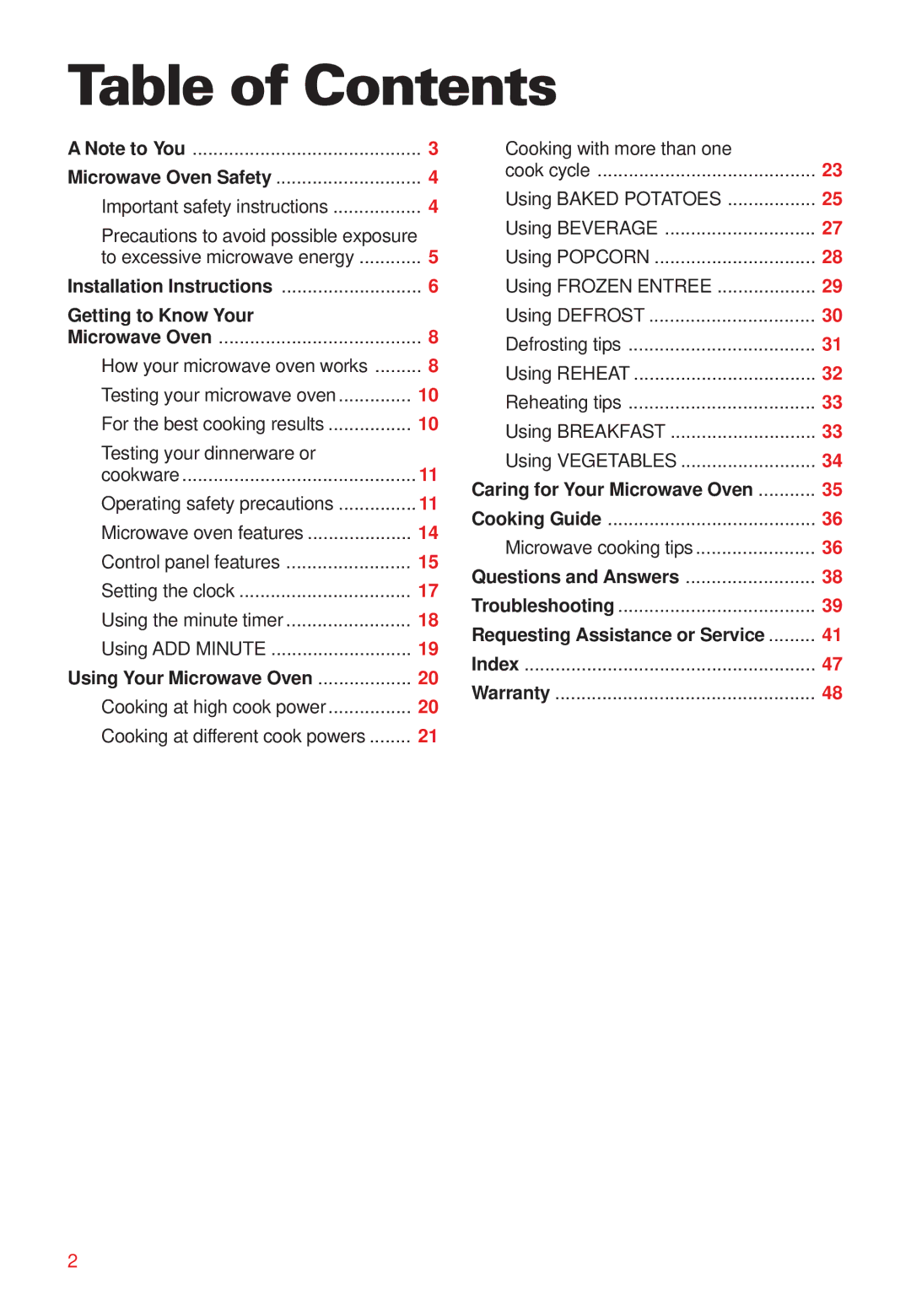 Whirlpool YMT8066SE, YMT8068SE installation instructions Table of Contents 