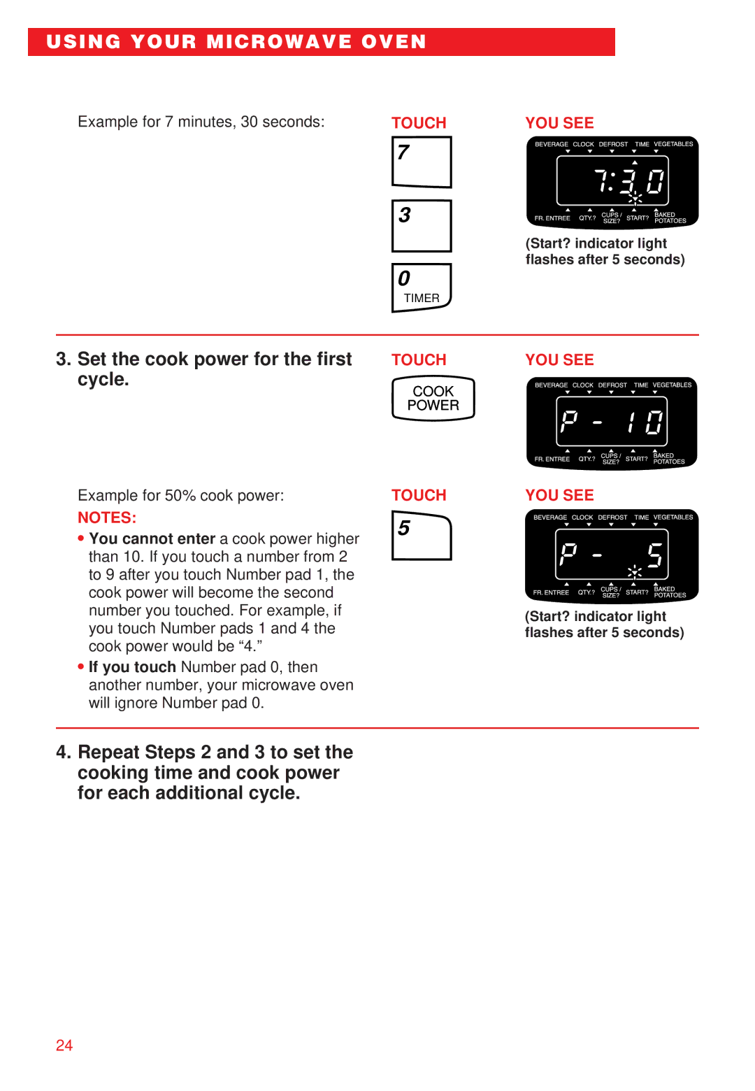 Whirlpool YMT8066SE, YMT8068SE installation instructions Set the cook power for the first cycle 