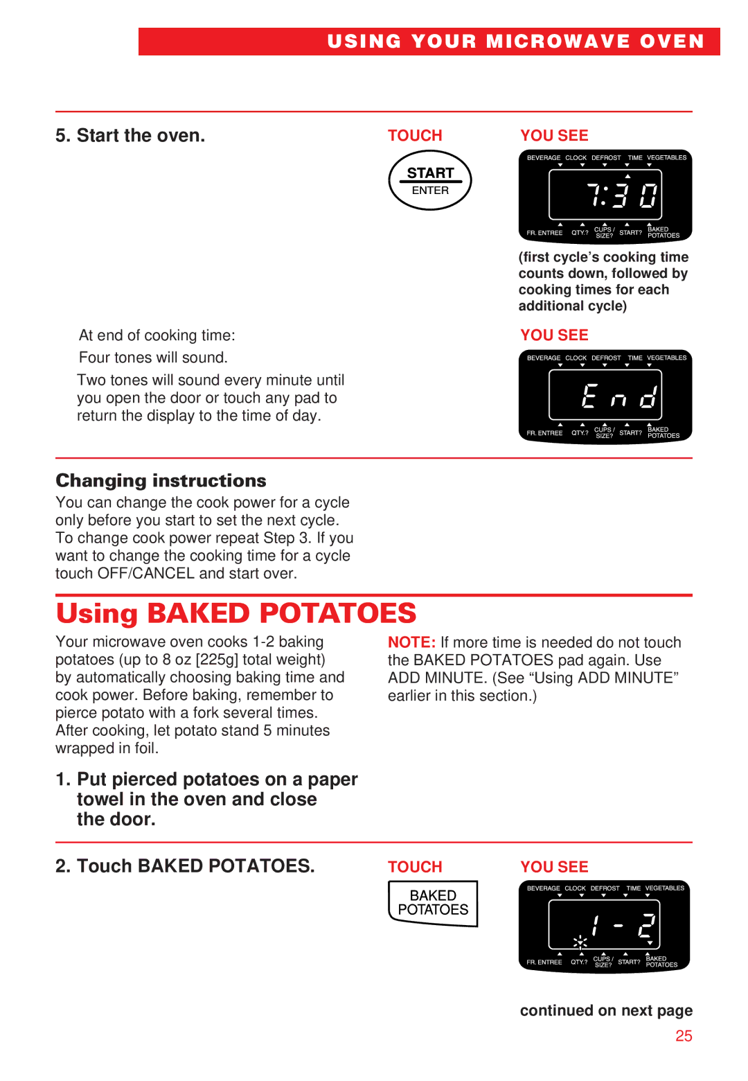 Whirlpool YMT8066SE, YMT8068SE installation instructions Using Baked Potatoes, Changing instructions 