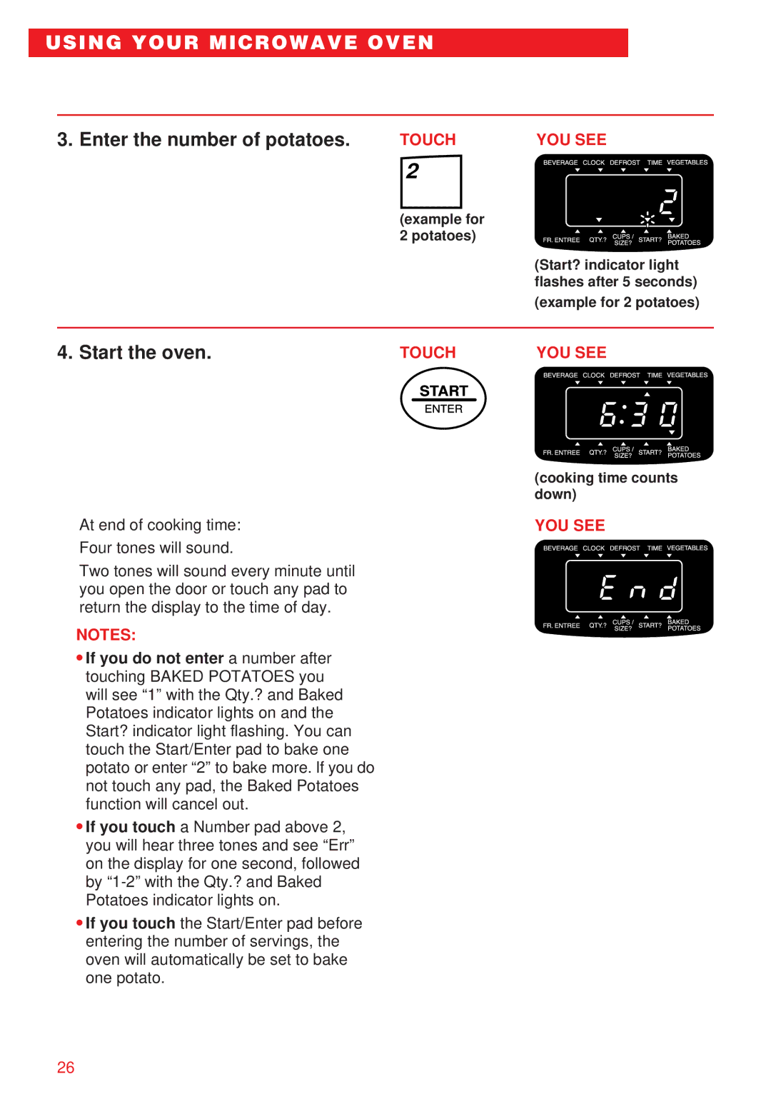 Whirlpool YMT8066SE, YMT8068SE installation instructions Enter the number of potatoes, Start the oven 