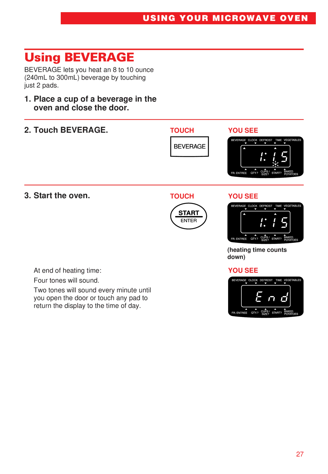 Whirlpool YMT8068SE, YMT8066SE installation instructions Using Beverage, Touch Beverage 