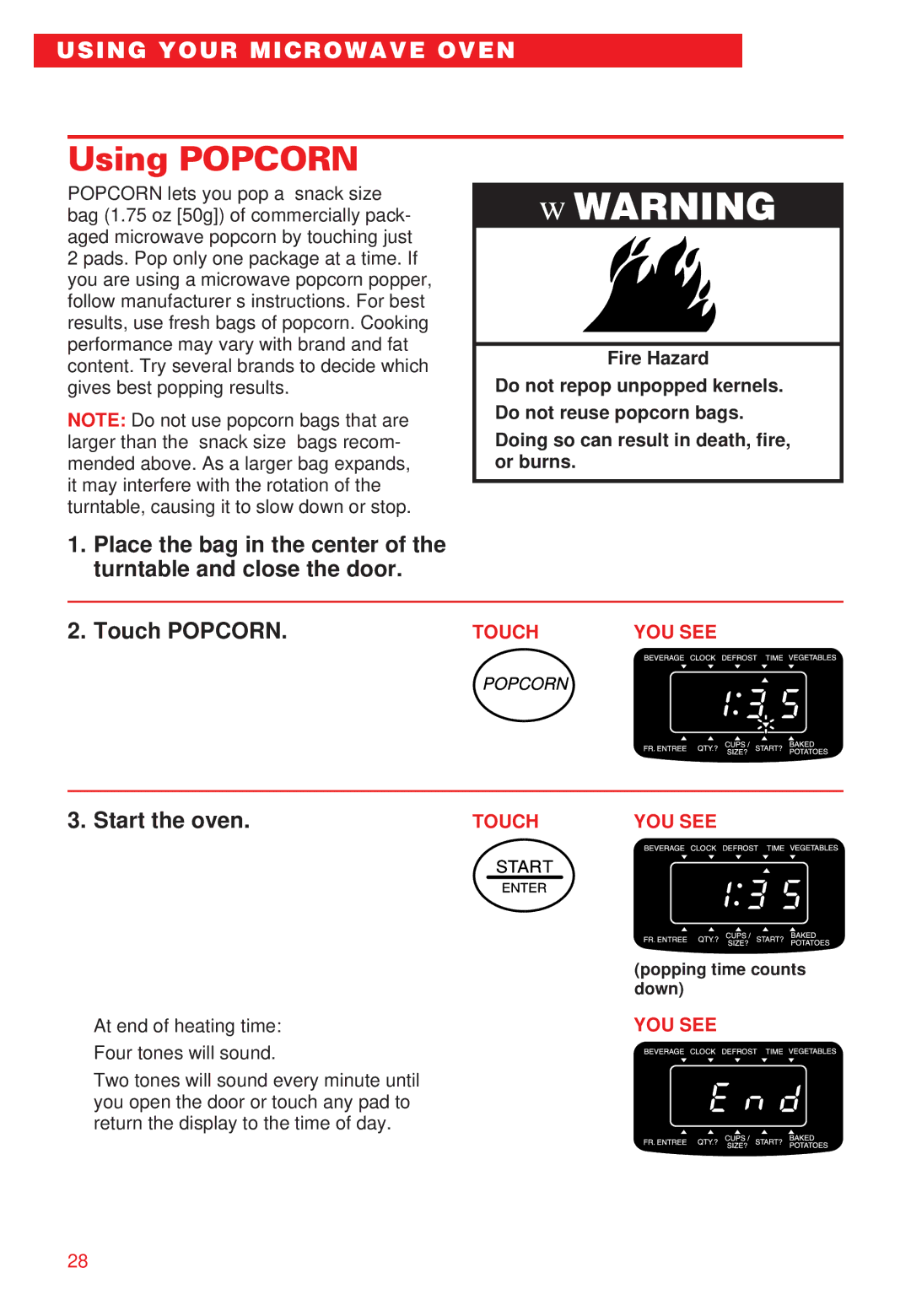 Whirlpool YMT8066SE, YMT8068SE installation instructions Using Popcorn, Touch Popcorn 