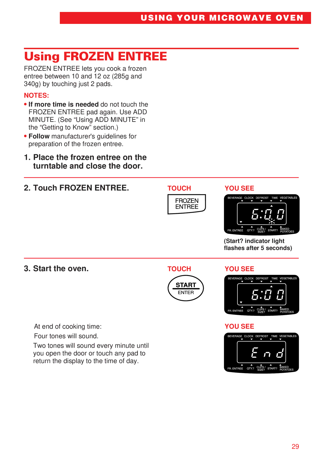 Whirlpool YMT8066SE, YMT8068SE installation instructions Using Frozen Entree 