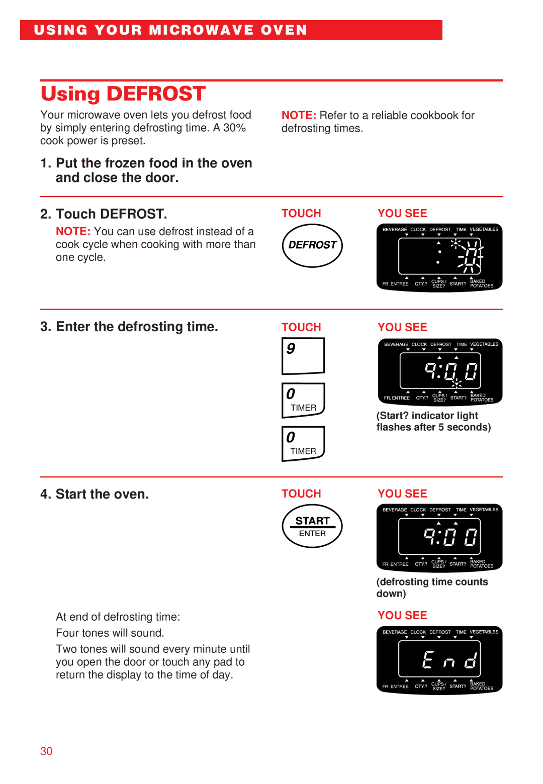 Whirlpool YMT8066SE, YMT8068SE installation instructions Using Defrost, Enter the defrosting time 