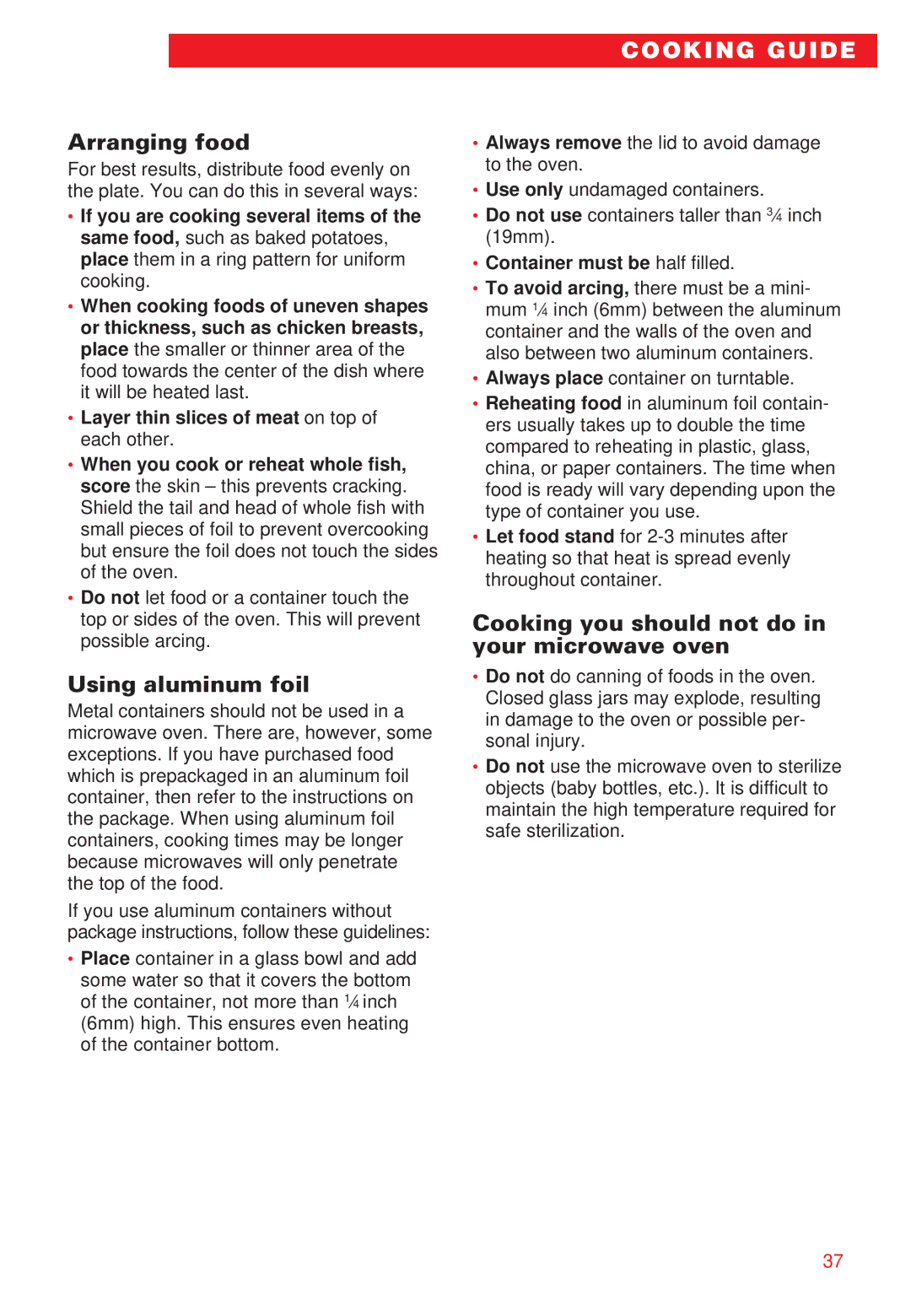 Whirlpool MT8066SE, MT8068SE Arranging food, Using aluminum foil, Cooking you should not do in your microwave oven 